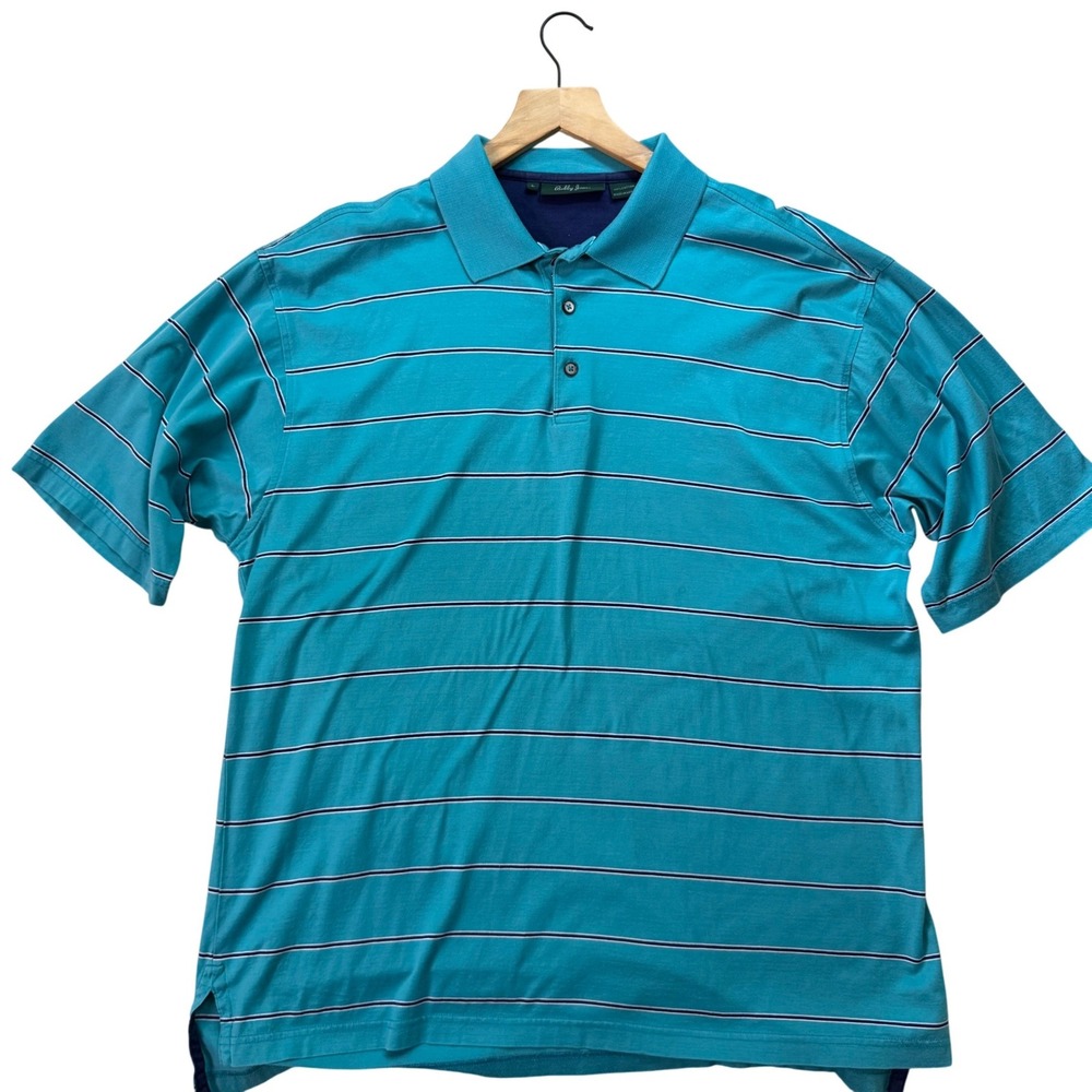 Bobby Jones Mens Large Teal Blue Striped Cotton Short Sleeve Golf Polo Shirt